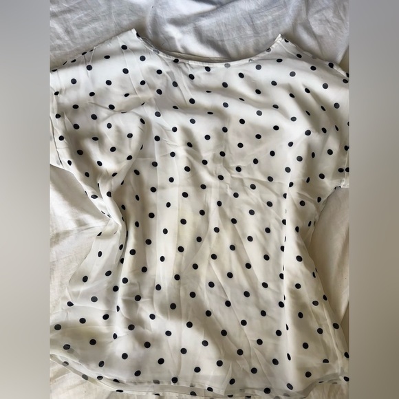 White with navy Polka Dot Sheer Blouse by Tahari - Picture 4 of 5